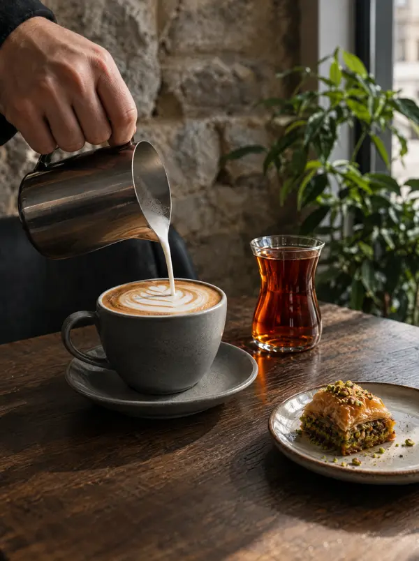 Cappuccino und frischer Minztee auf einem Messingtablett